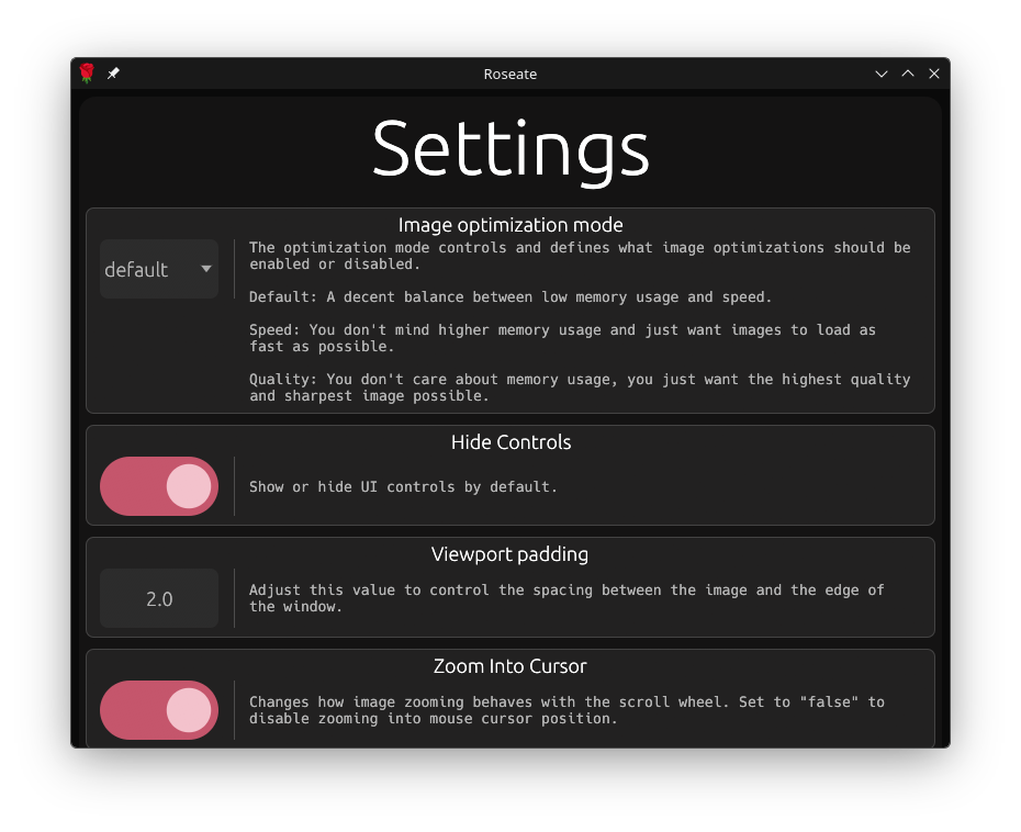 roseate settings menu